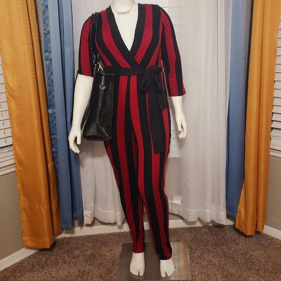 Gently used Striped  Long Sleeve Jumpsuit w/belt - Picture 2 of 5